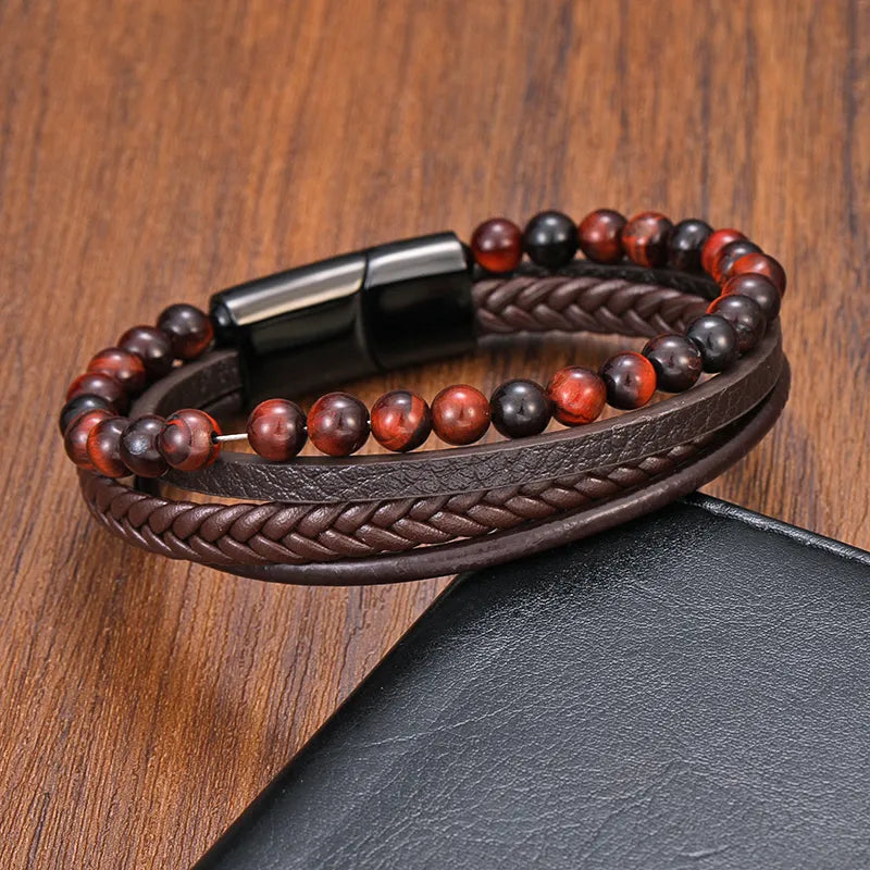 Tiger's Eye Bracelet - Leather and Steel