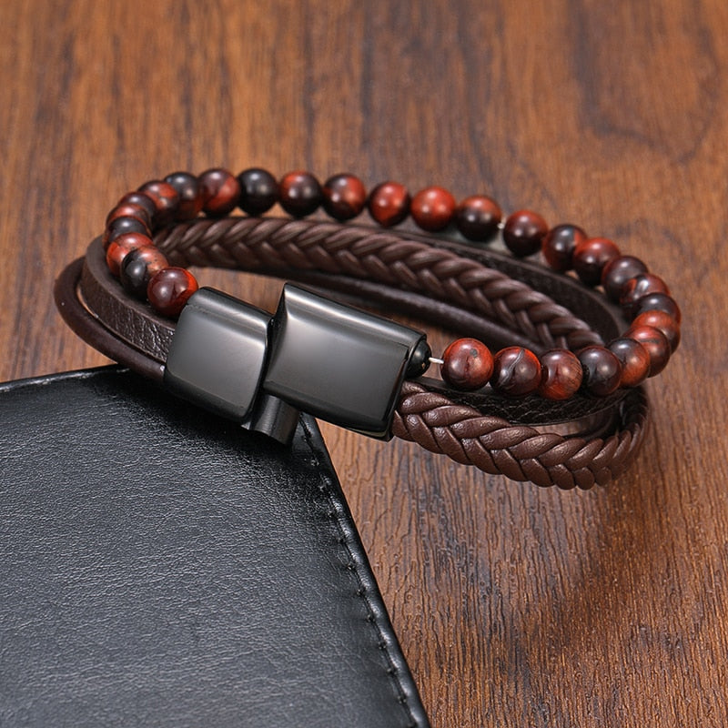 Tiger's Eye Bracelet - Leather and Steel