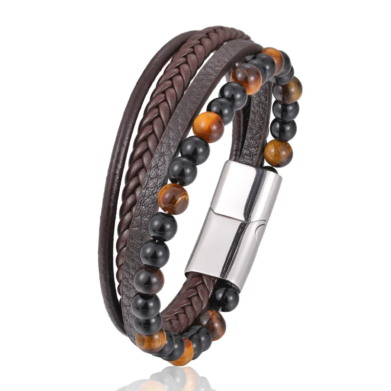 Tiger's Eye Bracelet - Leather and Steel